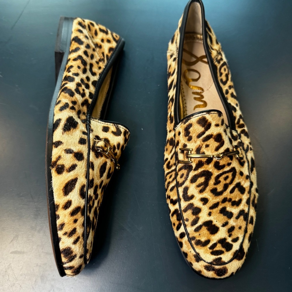 Sam Edelman Loraine Women 8 Leopard Calf Hair Bit Loafers Gold Horsebit Flats